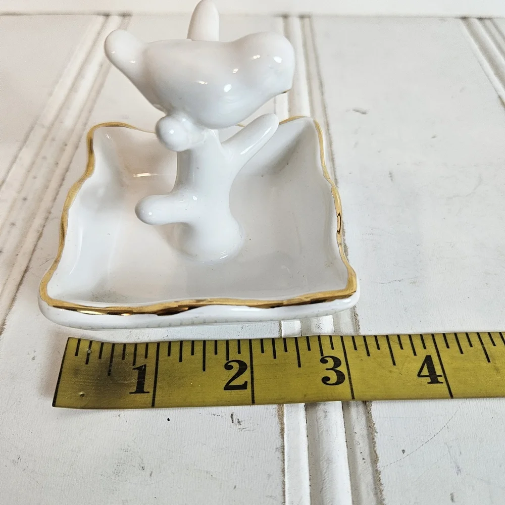White Ceramic Bird Ring Holder Gold Trim Jewelry Dish Vanity Decor